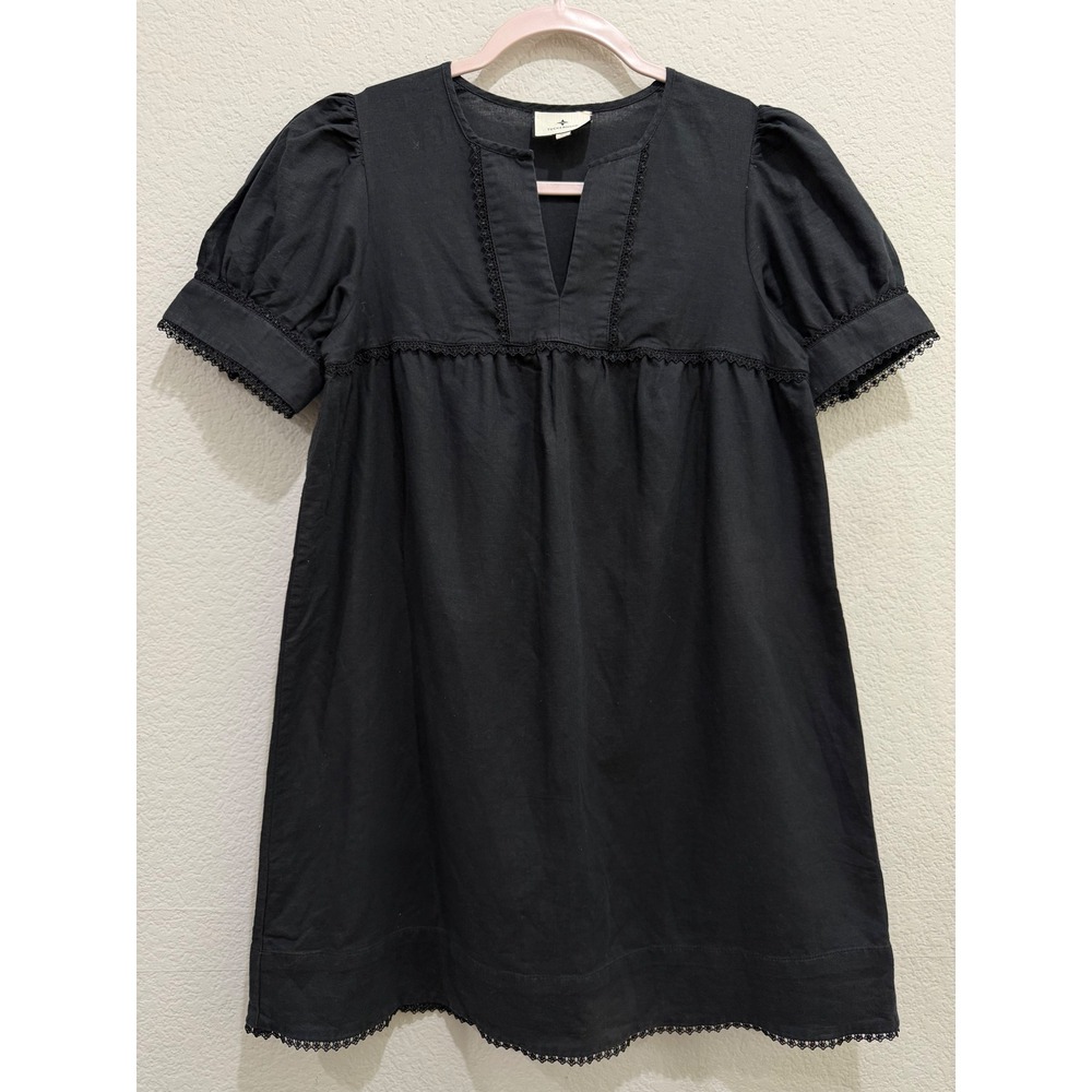 Tuckernuck Linen Babydoll Mini Dress Black XS Puff Sleeve V-neck Relaxed Casual - Picture 2 of 7